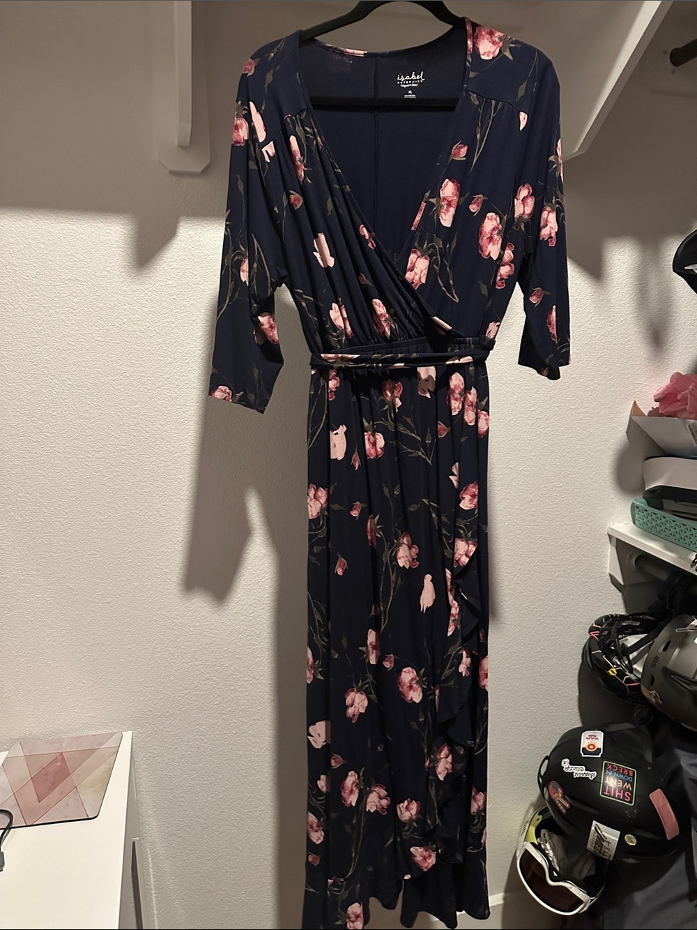 Isabel Maternity Navy Maxi Wrap Dress with Pink Floral Print and Ruffle Detail